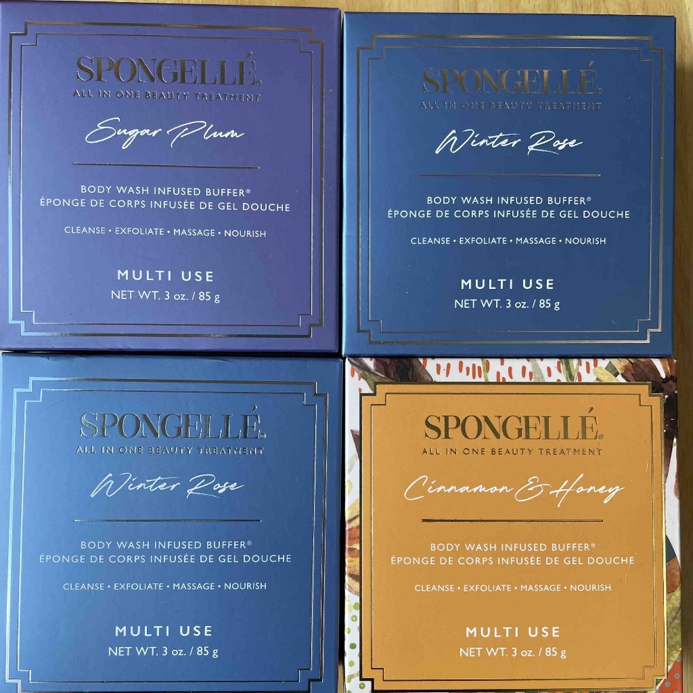 4 Spongelle Body Wash Infused Buffer Winter Rose, Sugar Plum, Cinnamon & Honey